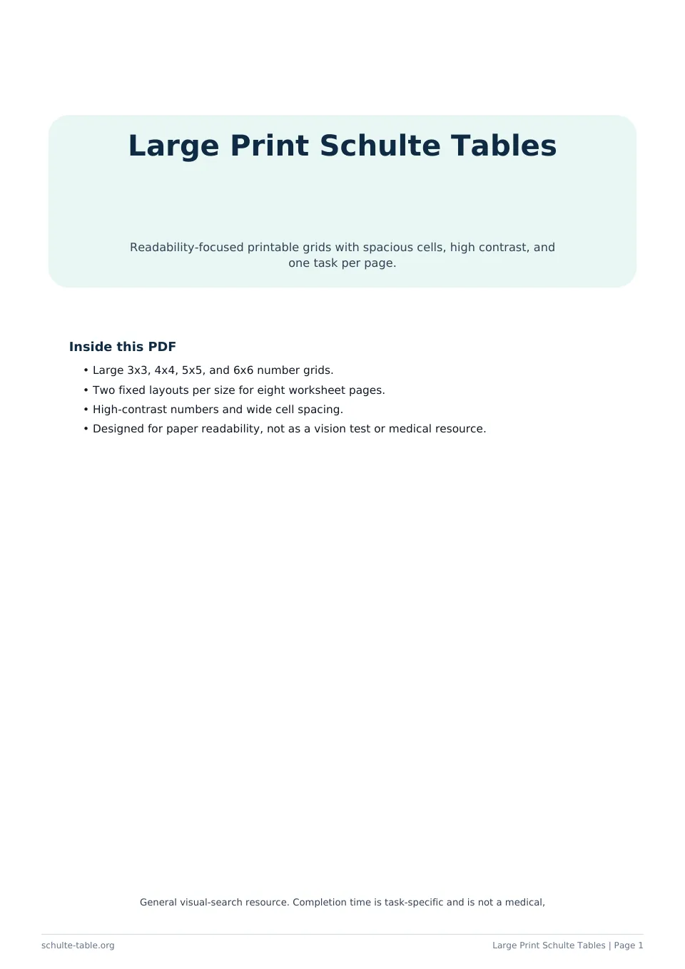 Preview of the large-print Schulte Table PDF with spacious high-contrast number grids