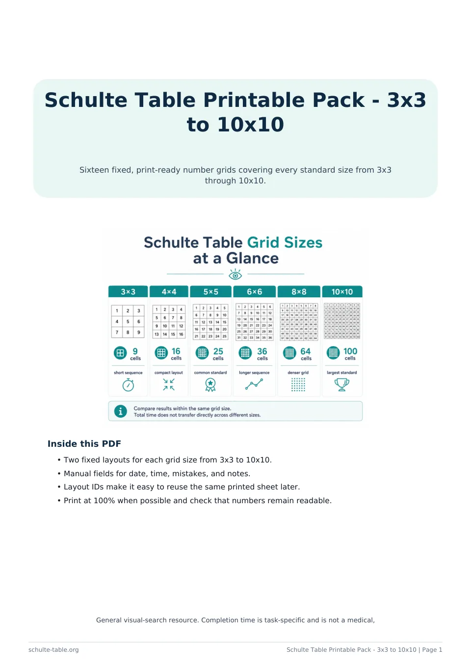 Preview of the Schulte Table printable PDF pack covering 3x3 through 10x10 grids